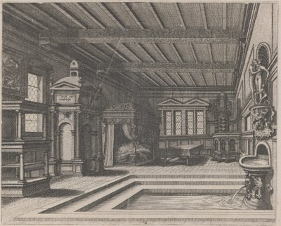 Interior com buffet, portal de entrada e cama com dossel de Lucas van Doetechum and Johannes