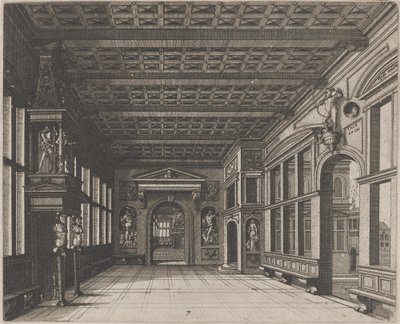 Interior com vista para um segundo quarto com chaminé de Lucas van Doetechum and Johannes
