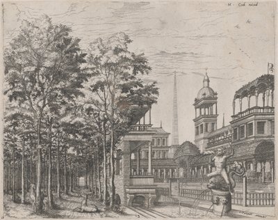 Paisagem com árvores, dois veados e um pátio do palácio de Lucas van Doetechum and Johannes