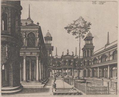 Praça com um edifício circular à esquerda e um obelisco ao fundo de Lucas van Doetechum and Johannes