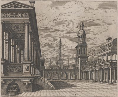 Praça da cidade com uma colunata à esquerda de Lucas van Doetechum and Johannes