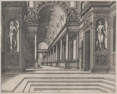 Vista em uma igreja com colunas coríntias e estátuas de Apolo, Melpomene e Moisés de Lucas van Doetechum and Johannes