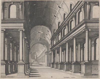 Vista para uma igreja com colunas jônicas e um coro com uma estátua de Lucas van Doetechum and Johannes