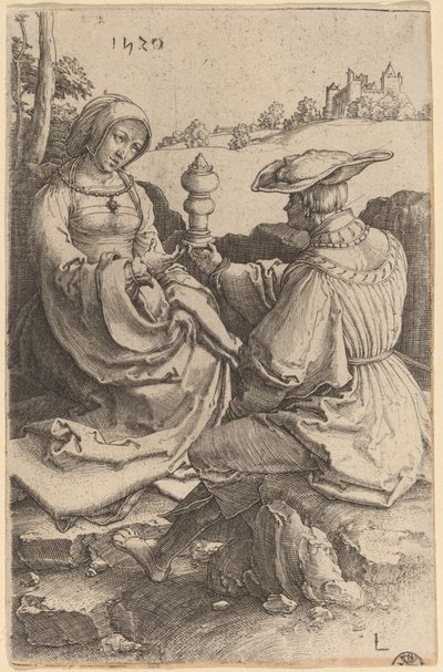 Um nobre e uma dama sentados em uma paisagem de Lucas van Leyden