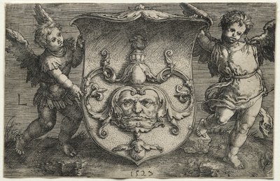Um escudo com uma máscara apoiada por dois gênios, 1527. de Lucas van Leyden