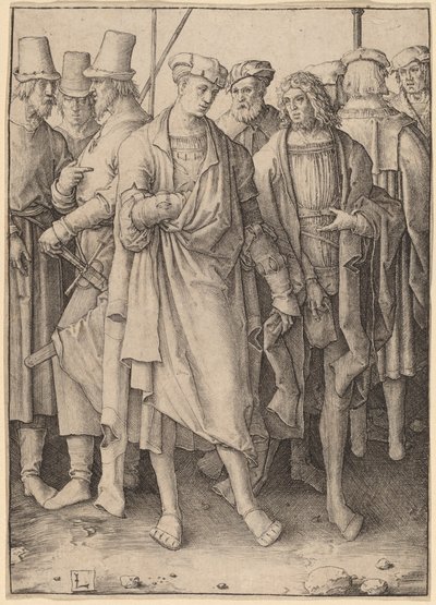 Um jovem com oito homens armados de Lucas van Leyden