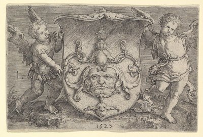 Brasão de armas com uma máscara, realizada por dois gênios, 1527. de Lucas van Leyden