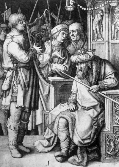 David tocando harpa diante do Rei Saul, cerca de 1508, por Lucas van Leyden (ca. 1494-1533), gravando de Lucas van Leyden