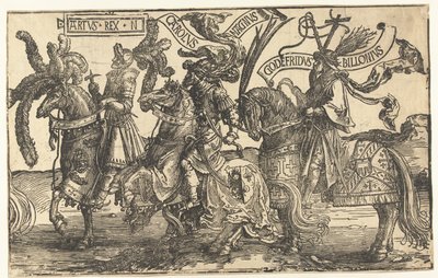 Os heróis Rei Arthur, Carlos Magno e Godofredo de Bouillon Os Nove Heróis (título da série) de Lucas van Leyden