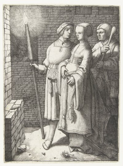 Homem jovem com uma tocha, uma mulher e um bobo de Lucas van Leyden