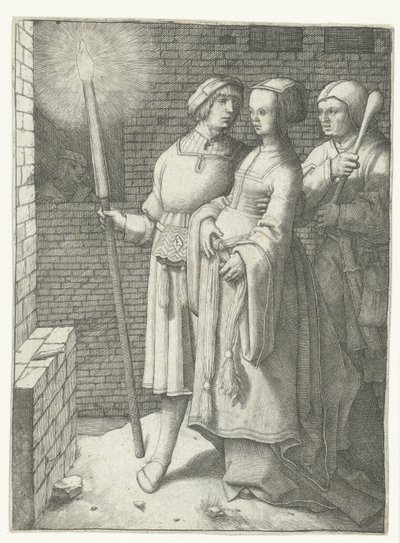 Jovem com uma tocha, uma mulher e um nar de Lucas van Leyden