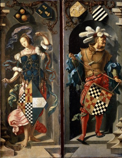 A Cura do Cego de Jericó (painel lateral). A Cura do Cego de Jericó. Duas figuras segurando brasões. Pintura de Lucas Van Leyden (1489/94-1533) de Lucas van Leyden