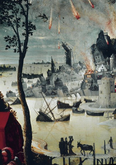 Lote e suas Filhas, detalhe da destruição de Sodoma (óleo sobre painel, cerca de 1517) de Lucas van Leyden