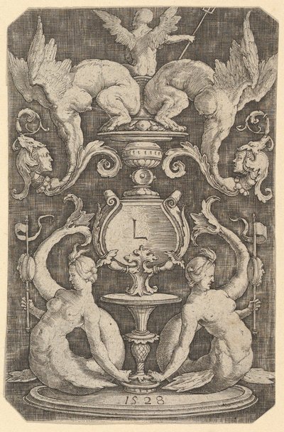 Painel de Ornamento com Duas Sirenes, 1528. de Lucas van Leyden