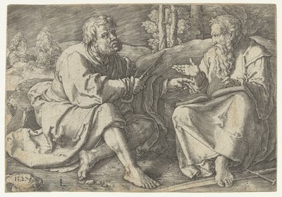 Paulo e Pedro sentados numa paisagem de Lucas van Leyden