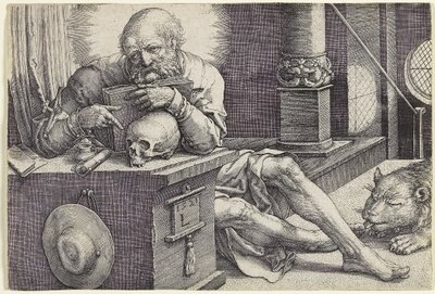 São Jerônimo em seu estudo, 1521 de Lucas van Leyden