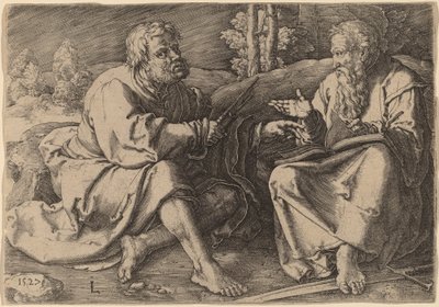 Santos Pedro e Paulo sentados em uma paisagem de Lucas van Leyden