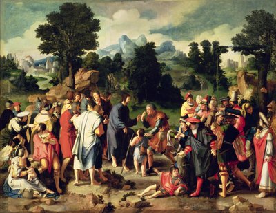A Cura do Cego de Jericó, painel central do tríptico, 1531 (óleo sobre tela transferido do painel) de Lucas van Leyden