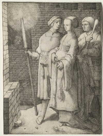 O homem com a tocha e uma mulher seguidos por um tolo, c. 1508 de Lucas van Leyden