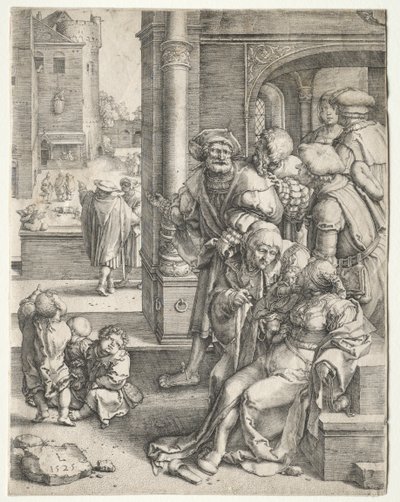 O poeta Virgílio suspenso em uma cesta, 1525. de Lucas van Leyden