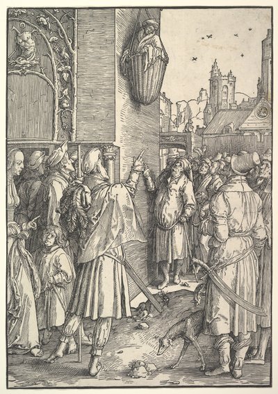 O poeta Virgílio em uma cesta, 1512. de Lucas van Leyden