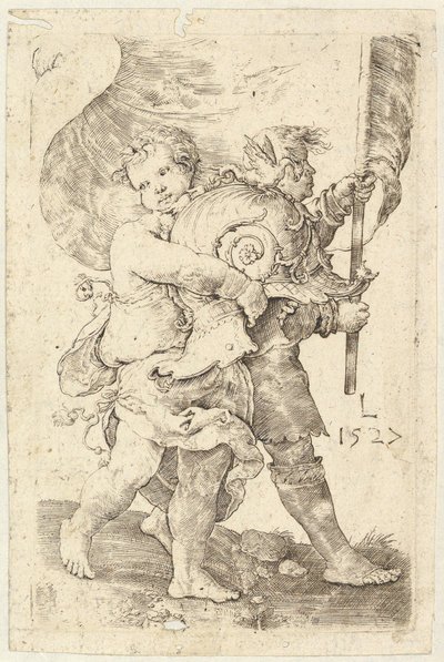 Dois meninos com capacete e estandarte, 1527. de Lucas van Leyden
