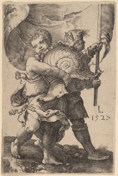 Dois meninos com um capacete e um estandarte de Lucas van Leyden
