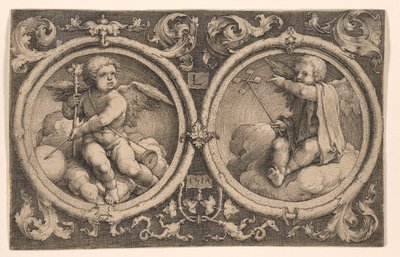Dois cupidos sentados em nuvens de Lucas van Leyden
