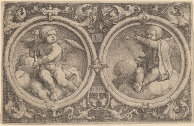 Dois Cupidos sentados em nuvens em dois círculos de Lucas van Leyden