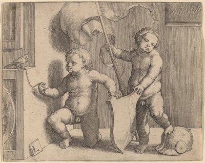 Duas crianças nuas apoiando um escudo em branco de Lucas van Leyden