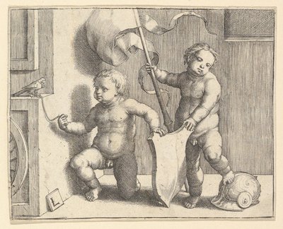 Duas crianças nuas apoiando um escudo em branco, ca. 1510 de Lucas van Leyden