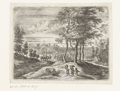 Paisagem da floresta com duas mulheres e um menino com uma cesta Pequenas paisagens (título da série) de Lucas van Uden