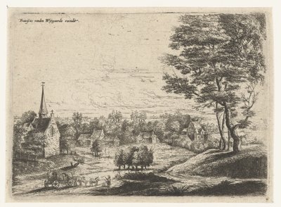 Vista de uma aldeia com uma carroça coberta
Cinco paisagens (título da série) de Lucas van Uden