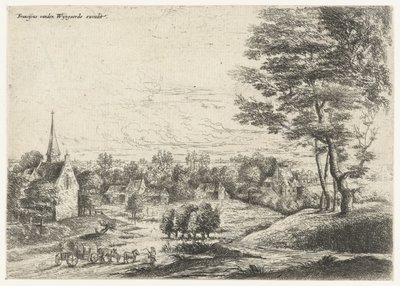 Vista de uma aldeia com uma carroça coberta
Cinco paisagens (título da série) de Lucas van Uden