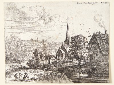Aldeia junto a um rio, em primeiro plano três figuras de Lucas van Uden