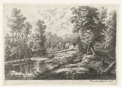 Paisagem com casas e uma igreja cercada por uma parede Cinco paisagens (título da série) de Lucas van Uden