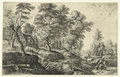 Paisagem com homens empurrando uma carruagem de Lucas van Uden