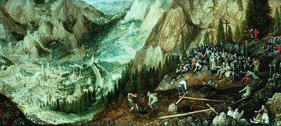 Paisagem com Jerusalém, Cristo carregando a cruz e preparativos no monte do Calvário de Lucas van Valckenborch