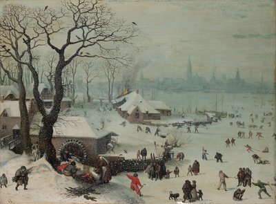 Paisagem de inverno com queda de neve perto de Antuérpia de Lucas van Valckenborch