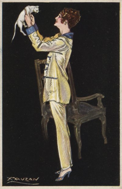 Rapariga de pijama segurando gato branco (cor litho) de Luciano Achille Mauzan