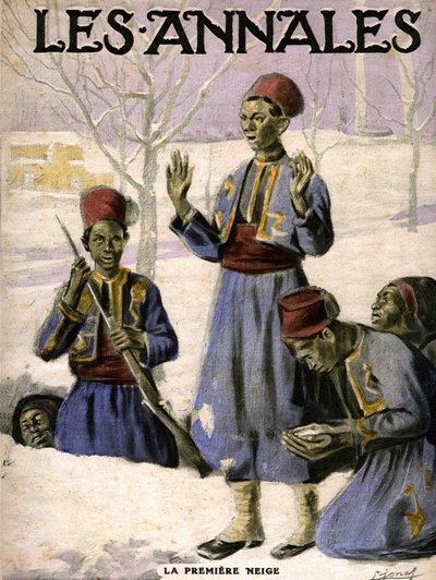 A primeira neve: um grupo de escaramuçadores senegaleses descobre a neve (gravura) de Lucien Hector Jonas
