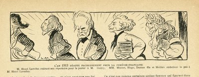 Ilustração em Le Rire, 04/01/13 - o ano de 1913... - Teatro, Comedie francaise - Hugo Victor, Dumas Alexandre (fils), Lavedan Henri (1859-1940), Guitry Sacha, Musset Alfred, Moliere (gravura) de Lucien Metivet