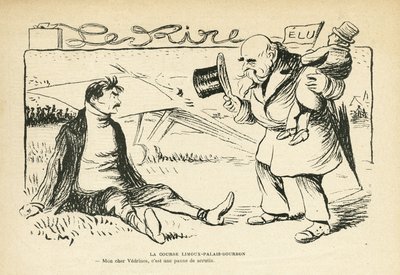 Ilustração em Le Rire, 30/03/12 - A corrida Limoux-Palais-Bourbon - Eleições, Aviação - Vedrines Jules (1881-1919) (gravura) de Lucien Metivet