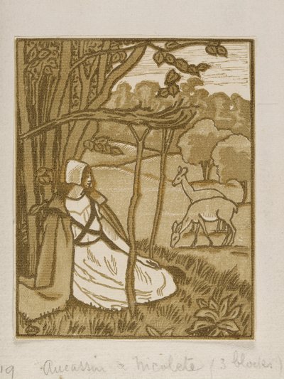 Meninas sentadas debaixo de uma árvore com veados, gravura em madeira de Lucien Pissarro, c1880-1940 de Lucien Pissarro