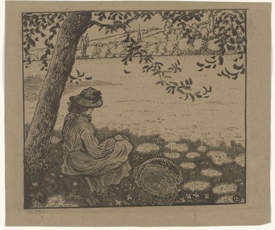Rapariga debaixo de uma árvore num prado de Lucien Pissarro