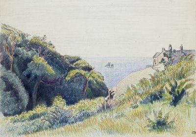 The Coastguards House, Ecclesbourne, 1918 (caneta e tinta cinza e giz de cera colorido em papel texturizado) de Lucien Pissarro