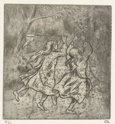 Duas raparigas a apanhar borboletas de Lucien Pissarro