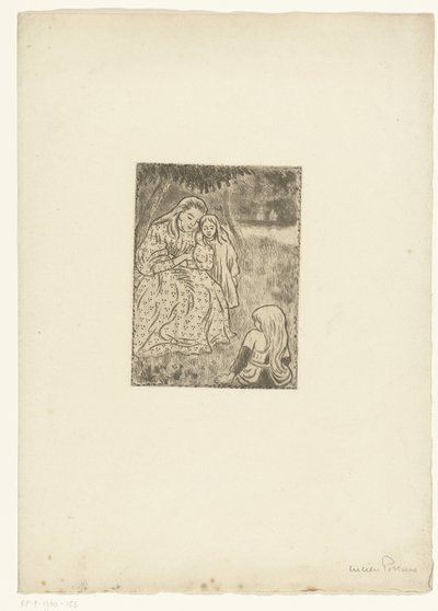 Mulher com duas raparigas num prado de Lucien Pissarro