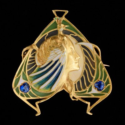 Broche-pingente, c.1900 (ouro e esmalte plique à jour com safiras) de Lucien or Léopold Gautrait