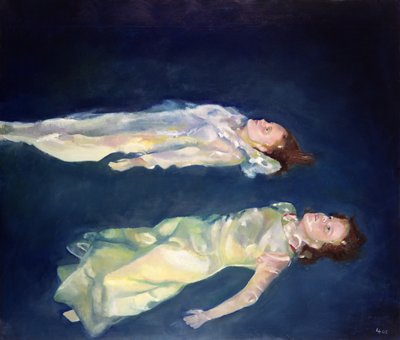 Duas raparigas a flutuar, 2004 (óleo sobre tábua) de Lucinda Arundell
